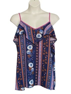 Haptics Boutique Style Boho Ruffle Tank Top Blue Floral Womens Plus Size 2X NWOT